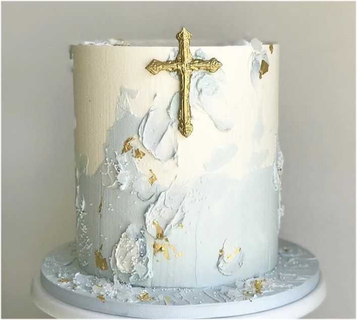 Torta za krštenje plavo zlatna sa križem (482) (16 porcija)